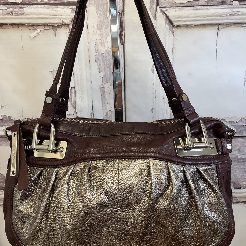 B Makowsky Brown Silver Metallic Leather Bag